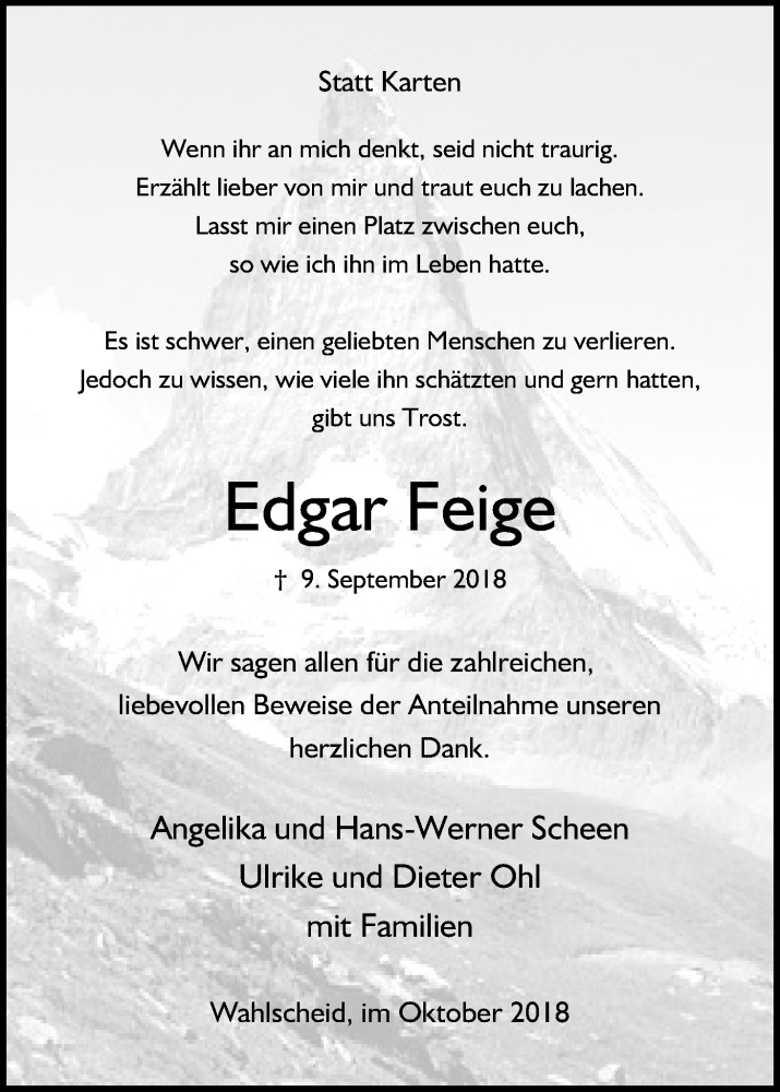  Traueranzeige für Edgar Feige vom 12.10.2018 aus Kölner Stadt-Anzeiger / Kölnische Rundschau / Express