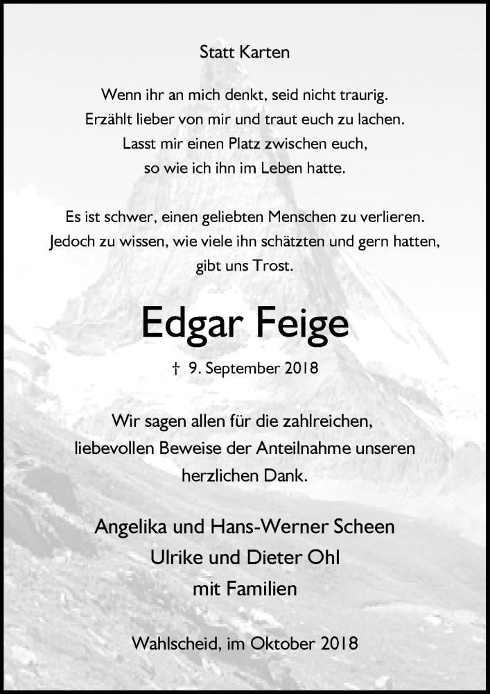  Traueranzeige für Edgar Feige vom 17.10.2018 aus  Anzeigen Echo 