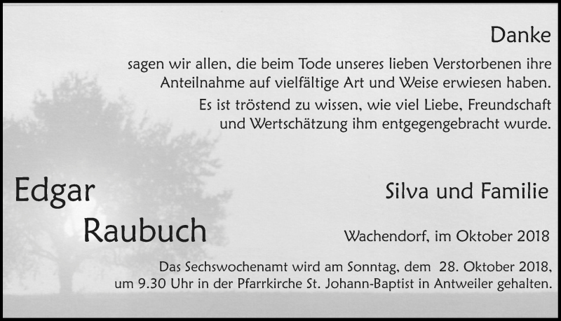  Traueranzeige für Edgar Raubuch vom 20.10.2018 aus  Blickpunkt Euskirchen 