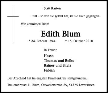 Anzeige von Edith Blum von Kölner Stadt-Anzeiger / Kölnische Rundschau / Express
