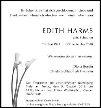 Anzeige von Edith Harms von Kölner Stadt-Anzeiger / Kölnische Rundschau / Express