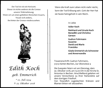 Anzeige von Edith Koch von Kölner Stadt-Anzeiger / Kölnische Rundschau / Express