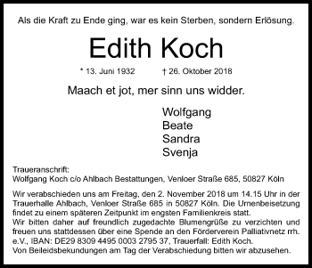 Anzeige von Edith Koch von Kölner Stadt-Anzeiger / Kölnische Rundschau / Express