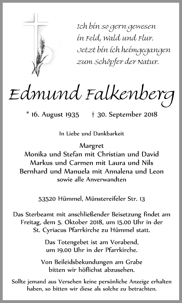  Traueranzeige für Edmund Falkenberg vom 03.10.2018 aus Kölner Stadt-Anzeiger / Kölnische Rundschau / Express