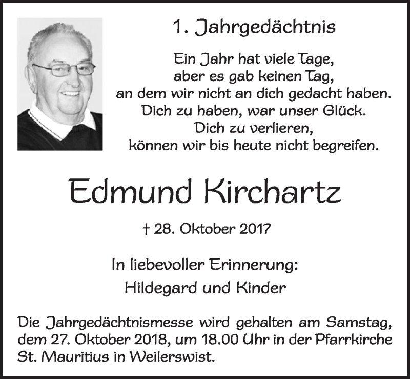  Traueranzeige für Edmund Kirchartz vom 20.10.2018 aus  Blickpunkt Euskirchen 