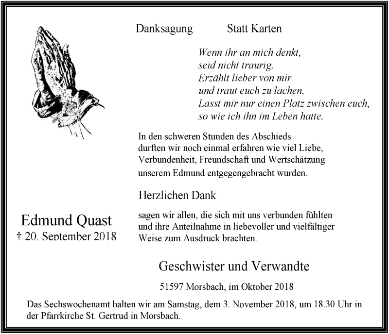  Traueranzeige für Edmund Quast vom 24.10.2018 aus  Lokalanzeiger 