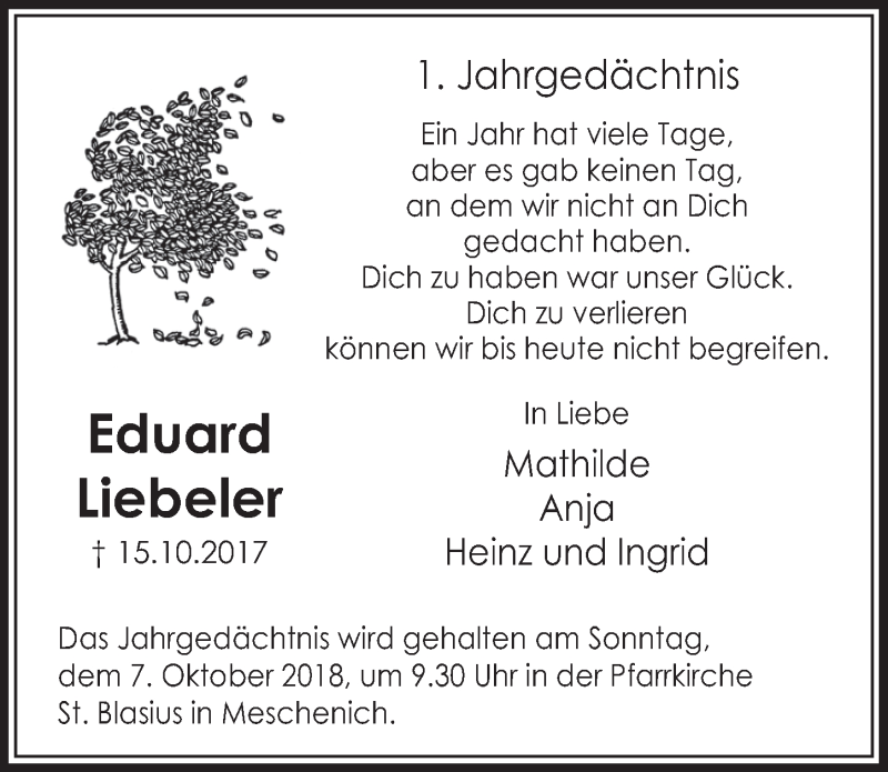  Traueranzeige für Eduard Liebeler vom 03.10.2018 aus  Schlossbote/Werbekurier 