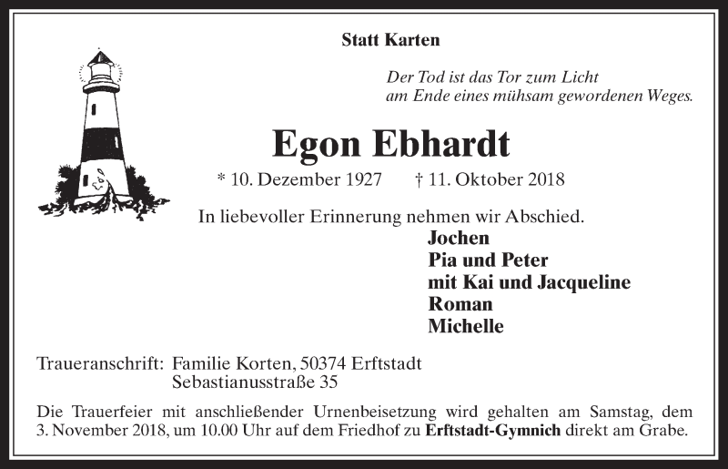  Traueranzeige für Egon Ebhardt vom 24.10.2018 aus  Werbepost 