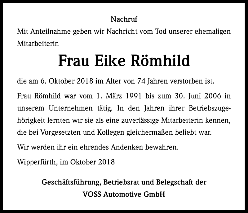  Traueranzeige für Eike Römhild vom 10.10.2018 aus Kölner Stadt-Anzeiger / Kölnische Rundschau / Express