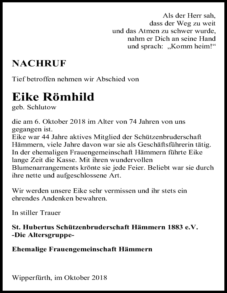  Traueranzeige für Eike Römhild vom 16.10.2018 aus Kölner Stadt-Anzeiger / Kölnische Rundschau / Express