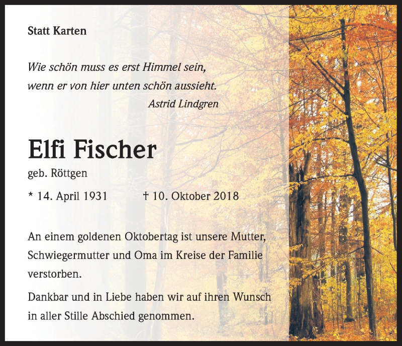 Traueranzeige für Elfi Fischer vom 27.10.2018 aus Kölner Stadt-Anzeiger / Kölnische Rundschau / Express