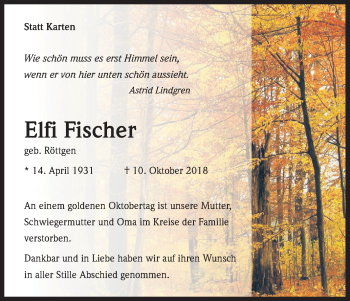 Anzeige von Elfi Fischer von Kölner Stadt-Anzeiger / Kölnische Rundschau / Express