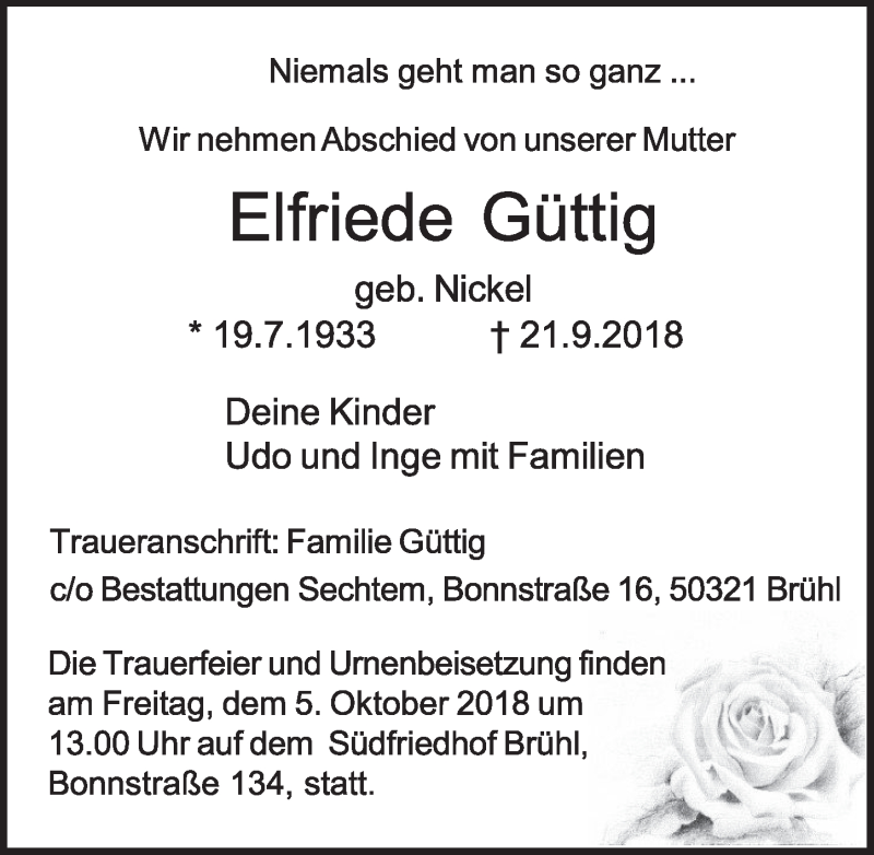  Traueranzeige für Elfriede Güttig vom 03.10.2018 aus  Schlossbote/Werbekurier 