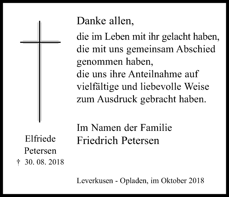  Traueranzeige für Elfriede Petersen vom 05.10.2018 aus Kölner Stadt-Anzeiger / Kölnische Rundschau / Express