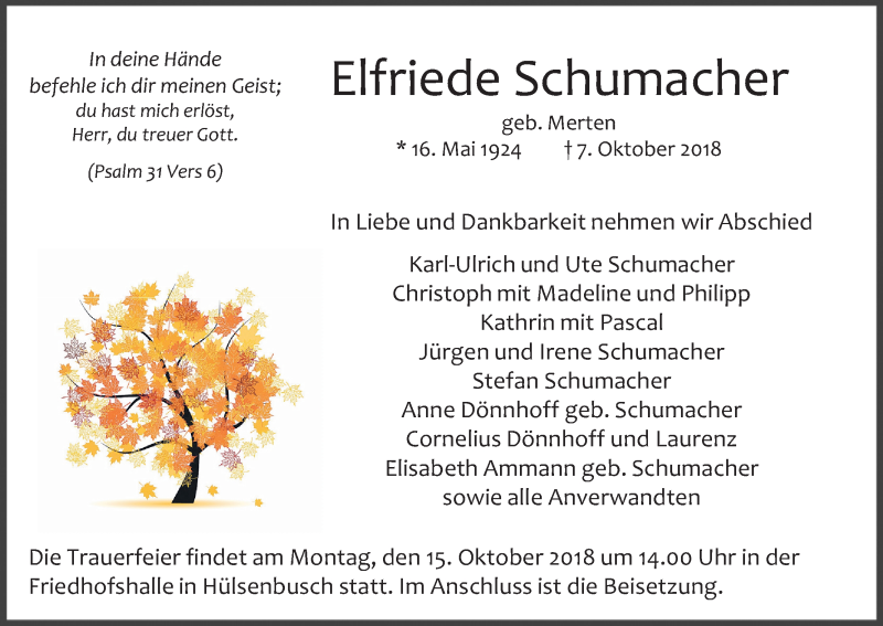 Traueranzeige für Elfriede Schumacher vom 13.10.2018 aus Kölner Stadt-Anzeiger / Kölnische Rundschau / Express