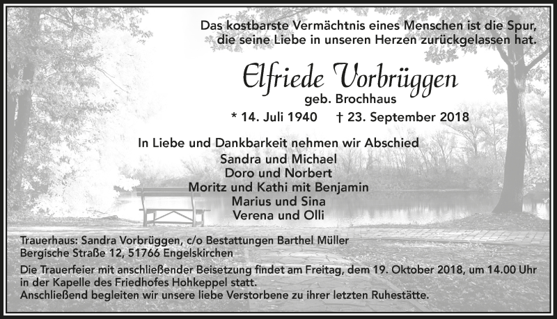  Traueranzeige für Elfriede Vorbrüggen vom 17.10.2018 aus  Anzeigen Echo 