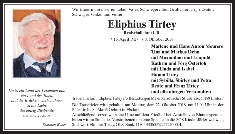  Traueranzeige für Eliphius Tirtey vom 17.10.2018 aus  Werbepost 