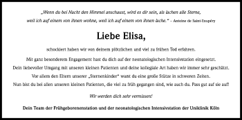 Anzeige von Elisa  von Kölner Stadt-Anzeiger / Kölnische Rundschau / Express