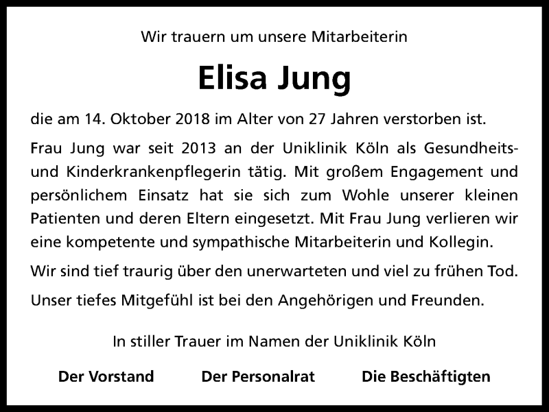 Traueranzeige für Elisa Jung vom 20.10.2018 aus Kölner Stadt-Anzeiger / Kölnische Rundschau / Express