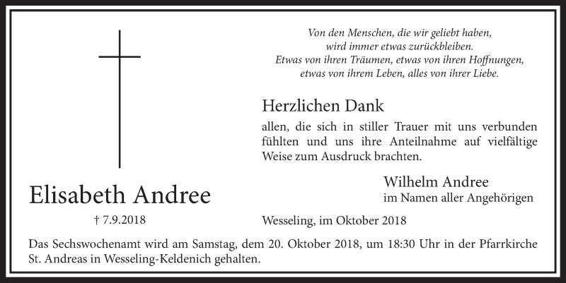  Traueranzeige für Elisabeth Andree vom 10.10.2018 aus  Schlossbote/Werbekurier 