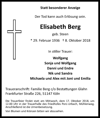 Anzeige von Elisabeth Berg von Kölner Stadt-Anzeiger / Kölnische Rundschau / Express