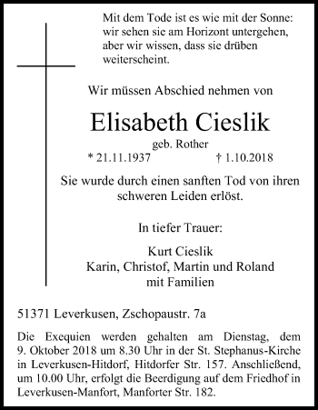 Anzeige von Elisabeth Cieslik von Kölner Stadt-Anzeiger / Kölnische Rundschau / Express