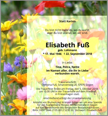 Anzeige von Elisabeth Fuß von  Lokalanzeiger 
