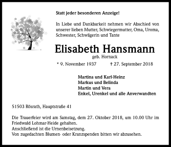 Anzeige von Elisabeth Hansmann von Kölner Stadt-Anzeiger / Kölnische Rundschau / Express