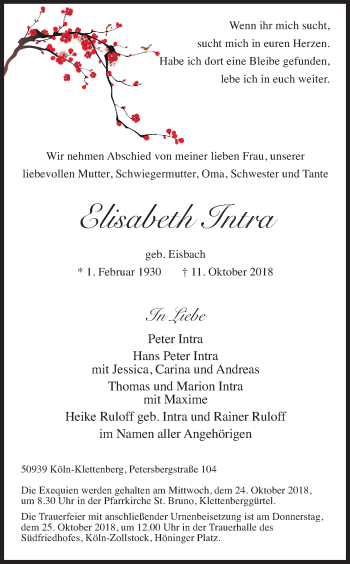 Anzeige von Elisabeth Intra von Kölner Stadt-Anzeiger / Kölnische Rundschau / Express