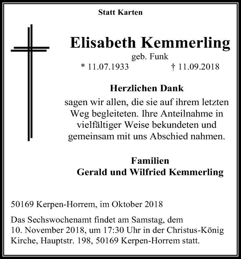  Traueranzeige für Elisabeth Kemmerling vom 27.10.2018 aus Kölner Stadt-Anzeiger / Kölnische Rundschau / Express