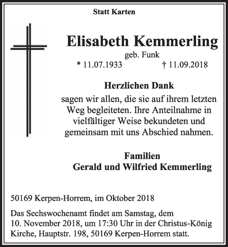  Traueranzeige für Elisabeth Kemmerling vom 27.10.2018 aus  Sonntags-Post 