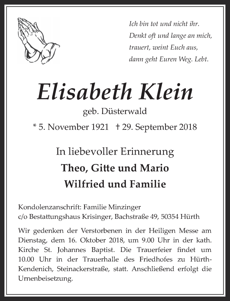  Traueranzeige für Elisabeth Klein vom 10.10.2018 aus  Wochenende 