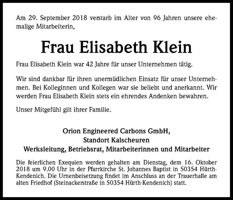  Traueranzeige für Elisabeth Klein vom 11.10.2018 aus Kölner Stadt-Anzeiger / Kölnische Rundschau / Express