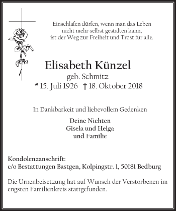 Anzeige von Elisabeth Künzel von  Werbepost 