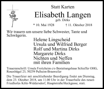 Anzeige von Elisabeth Langen von Kölner Stadt-Anzeiger / Kölnische Rundschau / Express