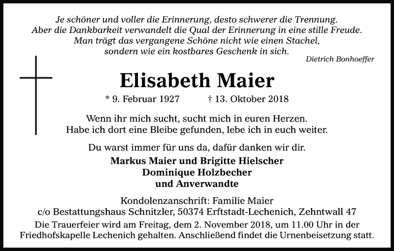  Traueranzeige für Elisabeth Maier vom 27.10.2018 aus Kölner Stadt-Anzeiger / Kölnische Rundschau / Express