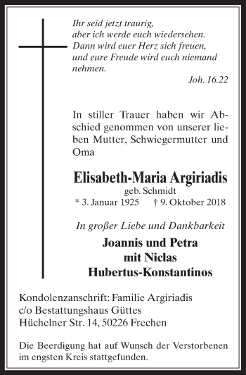 Anzeige von Elisabeth-Maria Argiriadis von  Wochenende 