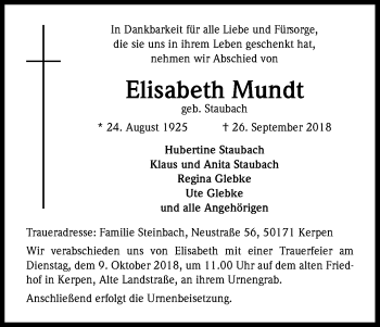 Anzeige von Elisabeth Mundt von Kölner Stadt-Anzeiger / Kölnische Rundschau / Express