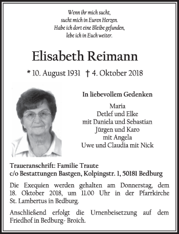 Anzeige von Elisabeth Reimann von  Sonntags-Post 