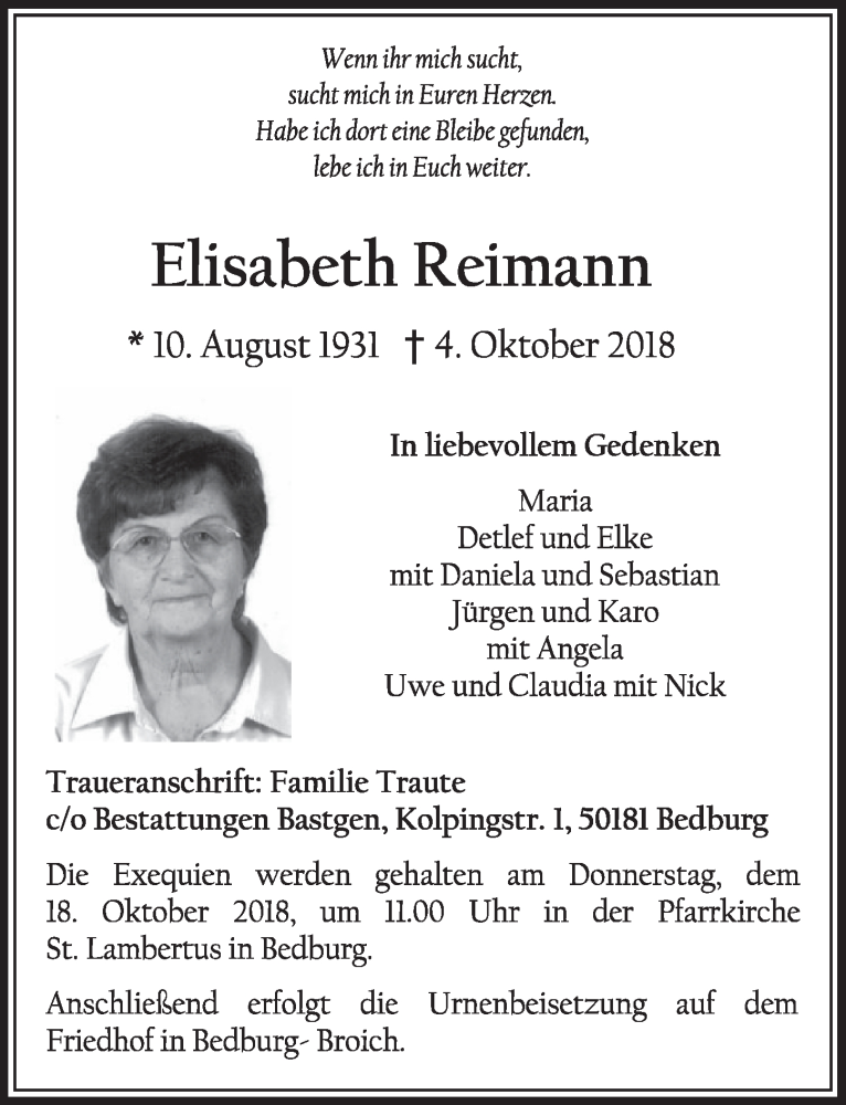 Traueranzeige für Elisabeth Reimann vom 13.10.2018 aus  Sonntags-Post 
