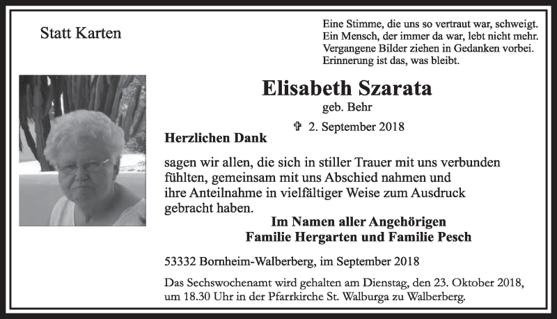  Traueranzeige für Elisabeth Szarata vom 10.10.2018 aus  Schlossbote/Werbekurier 