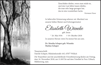 Anzeige von Elisabeth Wieneke von  Kölner Wochenspiegel 
