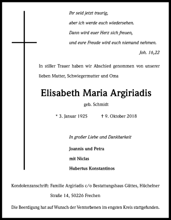 Anzeige von Elisabeth Maria Argiriadis von Kölner Stadt-Anzeiger / Kölnische Rundschau / Express