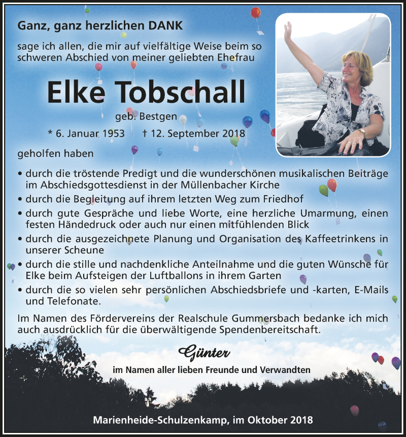  Traueranzeige für Elke Tobschall vom 17.10.2018 aus  Anzeigen Echo 