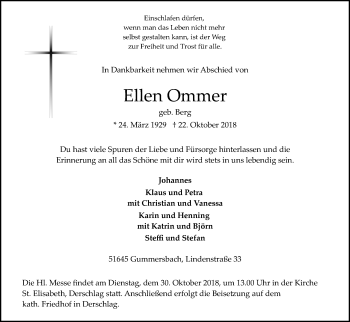 Anzeige von Ellen Ommer von Kölner Stadt-Anzeiger / Kölnische Rundschau / Express