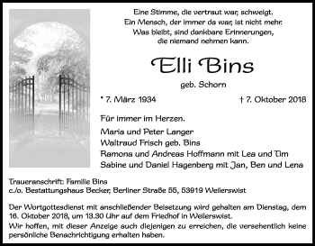 Anzeige von Elli Bins von Kölner Stadt-Anzeiger / Kölnische Rundschau / Express