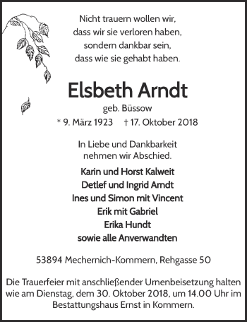 Anzeige von Elsbeth Arndt von  Blickpunkt Euskirchen 
