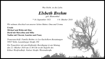Anzeige von Elsbeth Brehm von Kölner Stadt-Anzeiger / Kölnische Rundschau / Express