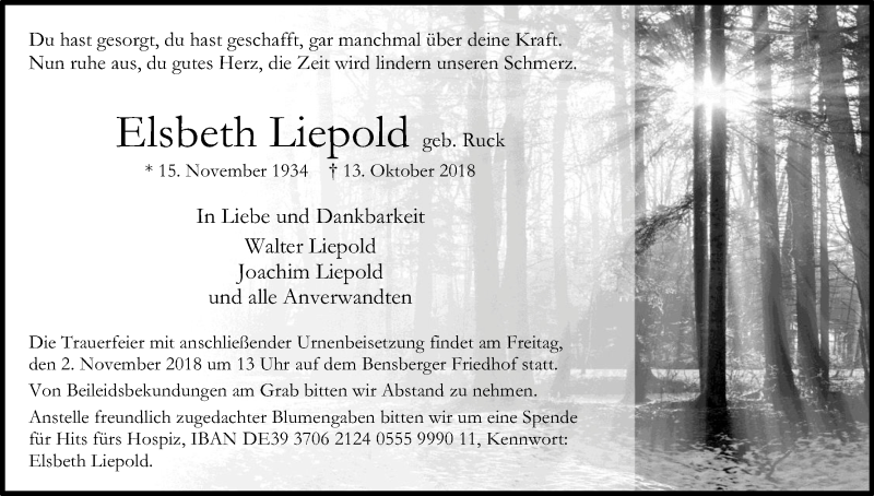  Traueranzeige für Elsbeth Liepold vom 27.10.2018 aus Kölner Stadt-Anzeiger / Kölnische Rundschau / Express