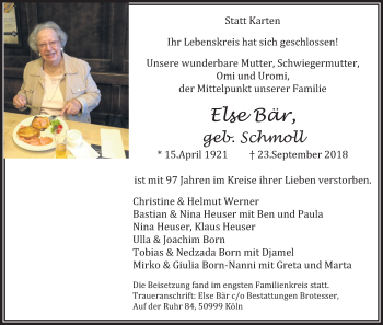 Anzeige von Else Bär von Kölner Stadt-Anzeiger / Kölnische Rundschau / Express